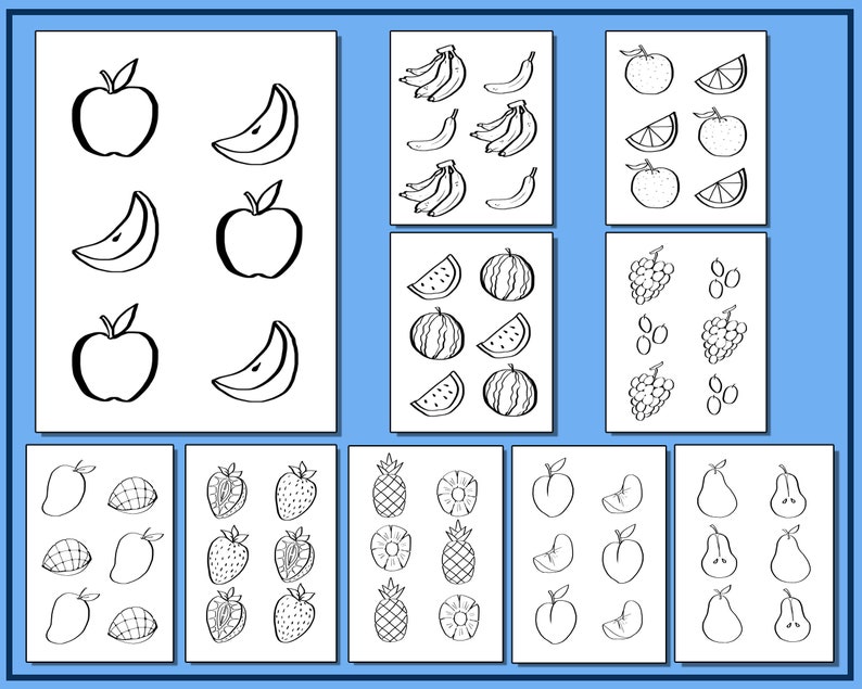Pu&ograve; includere: Disegni in bianco e nero di diversi frutti, tra cui mele, banane, arance, angurie, uva, mango, fragole, ananas, pesche e pere.
