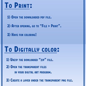 Pu&ograve; includere: Istruzioni per stampare e colorare digitalmente un file scaricabile. Le istruzioni includono i passaggi per aprire un file PDF, stampare, decomprimere un file ZIP, aprire file trasparenti in un programma di arte digitale e creare un livello sotto un file PNG trasparente.