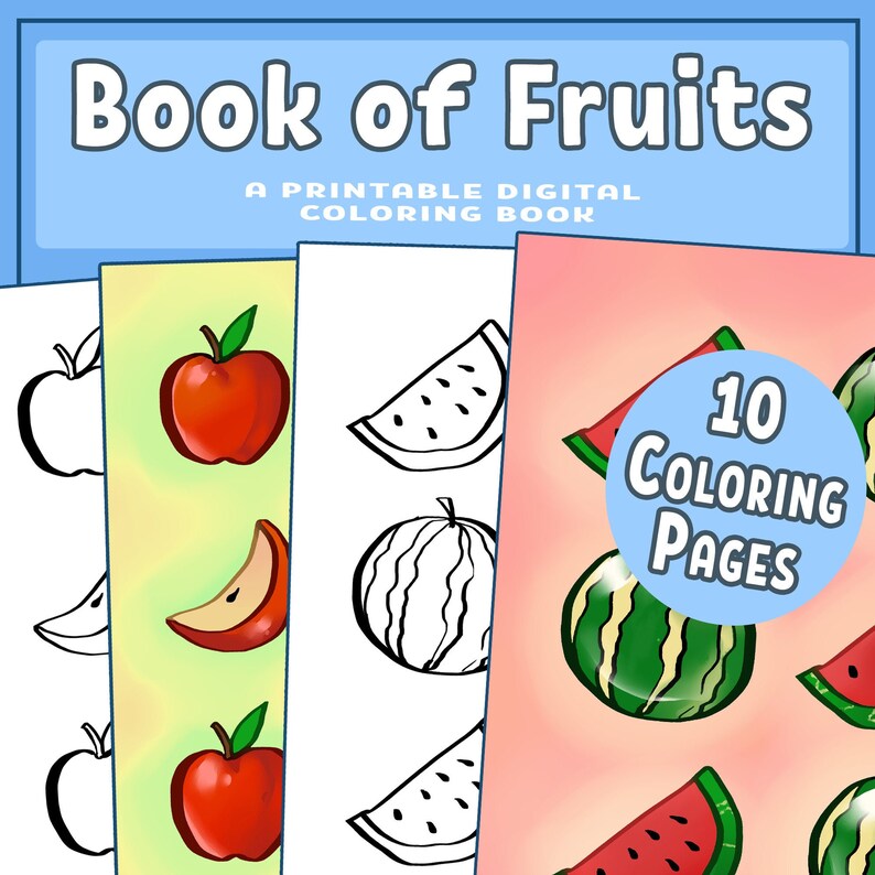 Pu&ograve; includere: Un libro da colorare stampabile con 10 pagine di frutta. Il libro include mele e angurie. La copertina del libro dice "Book of Fruits" e "A Printable Digital Coloring Book".