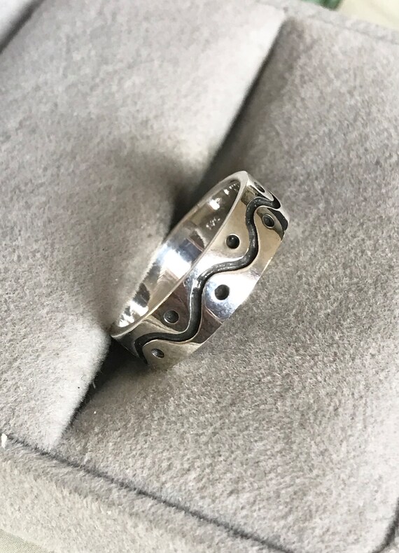 Sterling Silver Wave Ring, Solid Silver Patterned… - image 1