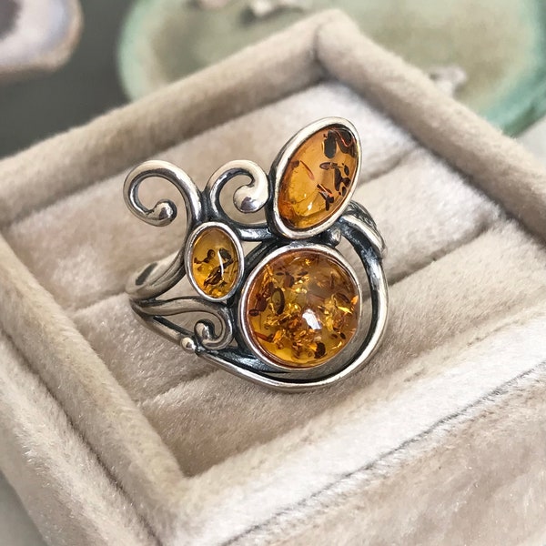 Amber Sterling Silver Ring, Baltic Amber Art Nouveau Ring, Natural Amber Statement Ring