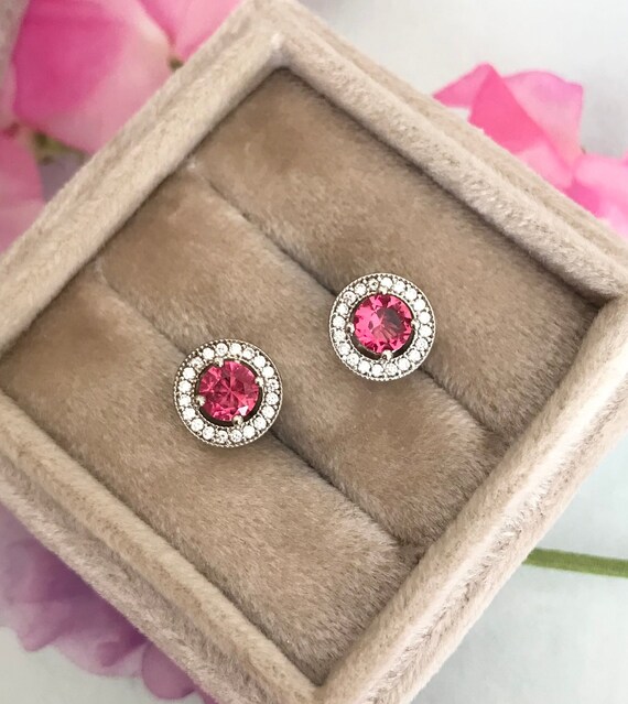 Sterling Silver Simulated Ruby Diamond CZ Studs, … - image 1