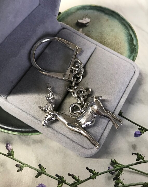 Deer Key Chain, Sterling Silver Solid Charm Keyri… - image 1