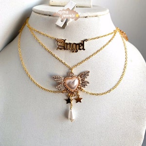 diamond angelcore gold layered choker, cottagecore jewelry, coquette jewelry, angelcore, fairycore jewelry, angel necklace, fairycore choker