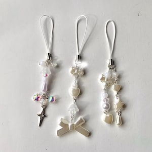 white pearl beaded phone charms | angel bow coquette princesscore fairy phone charms keychains heart star crystal phone strap charm handmade