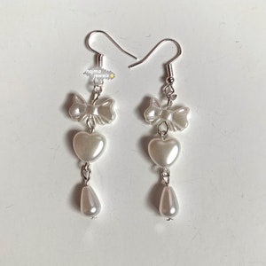 Heart Pearl Bow Earrings, White Pearl Earrings, Coquette