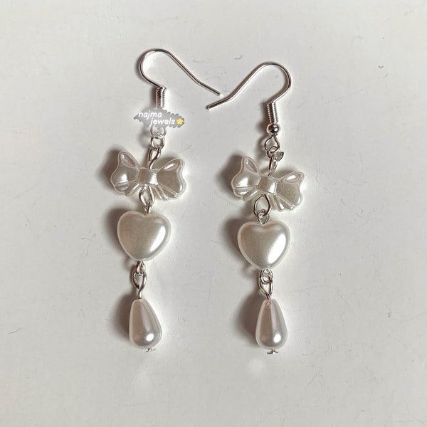 heart pearl bow earrings, white pearl earrings, coquette earrings, fairycore earrings, gardencore, cottagecore, coquette jewelry lana, white