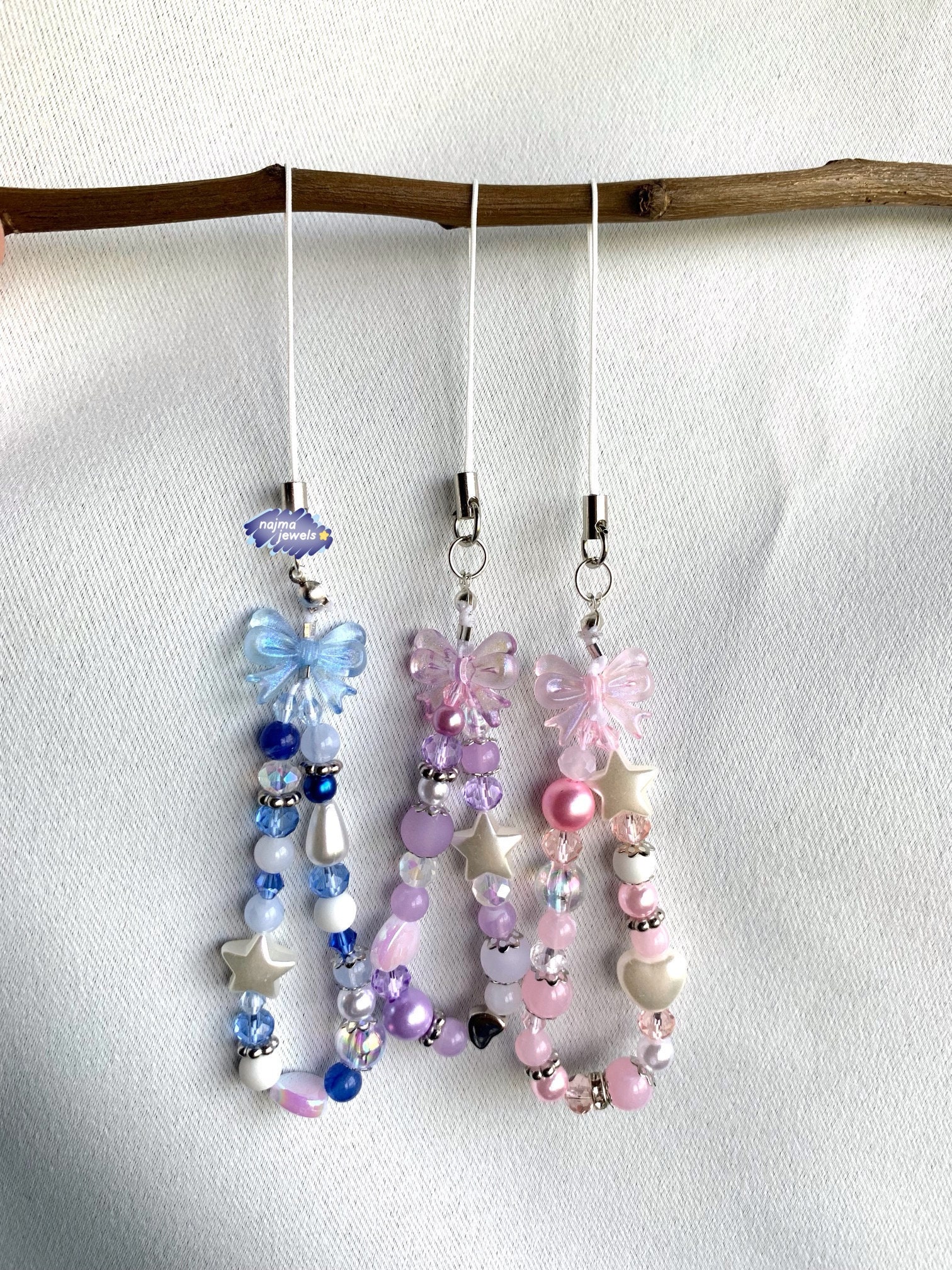 Beaded Bow Phone Charm, Pink Blue Purple Phone Charm, Kawaii