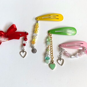 beaded hair clips, red bow hair clip, sunflower yellow hair clip, green heart hair clip, pink flower heart hair clip kawaii cute coquette