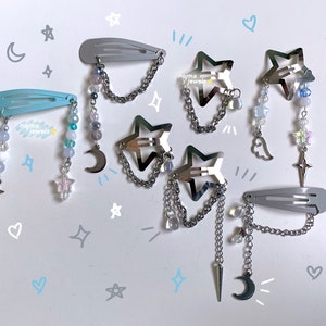celestial star hair clip set, silver star hair clips, y2k accessories, y2k jewelry, moon jewelry, moon hair clips beaded cyber fairycore