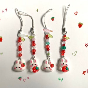 kawaii bunny phone charm, kawaii bunny phone strap, cute bunny strawberry phone charm, phone charm pink, strawberry phone charm y2k cute