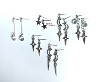 Silver Moon & Star Dangle Stud Earrings: Y2K Celestial Jewelry