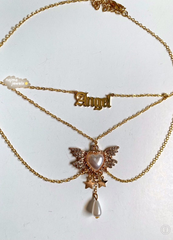 Diamond Angelcore Gold Layered Choker, Cottagecore Jewelry