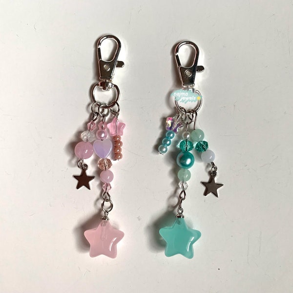 twin stars jelly kawaii keychain | kiki lala keychain, kawaii pink teal blue keychain, kawaii phone charm, kawaii cute jelly beaded keychain