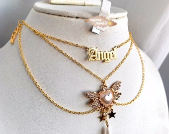 Angelcore Gold Layered Choker: Pearl Heart Wing Necklace