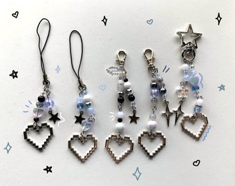 digital heart celestial phone charms keychains | blue celestial moon heart star charms, silver blue grey cybercore y2k aespa acubi