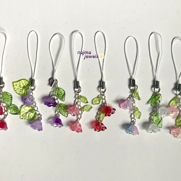 lily of the valley phone charms, pink red purple white blue green leaves flower phone strap, gardencore, coquette, cottagecore, fairycore
