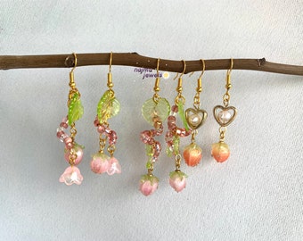 Strawberry Lily of the Valley Dangle Earrings: Fairycore Beaded Jewelry