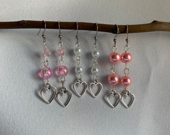 Pink Crystal Heart Dangle Earrings: 925 Sterling Silver