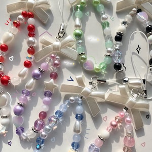 Kawaii coquette white bow phone charm | beaded blue green purple red white black pink cute aesthetic keychain pearl heart star cottagecore