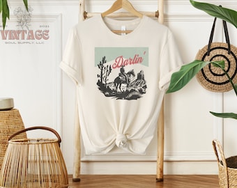 Darlin' Western Bella Canvas Short Sleeve Tee, Distressed Desert Cowboy T-Shirt for Her, Vintage Minimalist Country Gift for Women