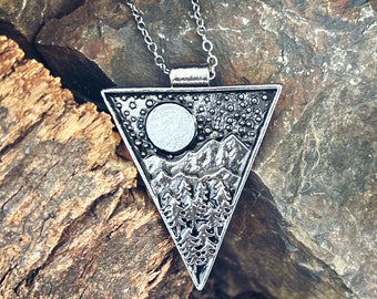 Mountain necklace, moon and mountain necklace, mountain charm, mountain and snow necklace, Mountain necklace, landscape necklace, triangle pendant.