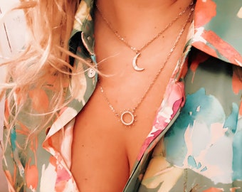 Dubbele zon en maan ketting, dubbele ketting, zon en maan hanger, dubbele hanger, zon maan, dubbele kettingen, zon, maan, cadeau voor haar, vrouwen