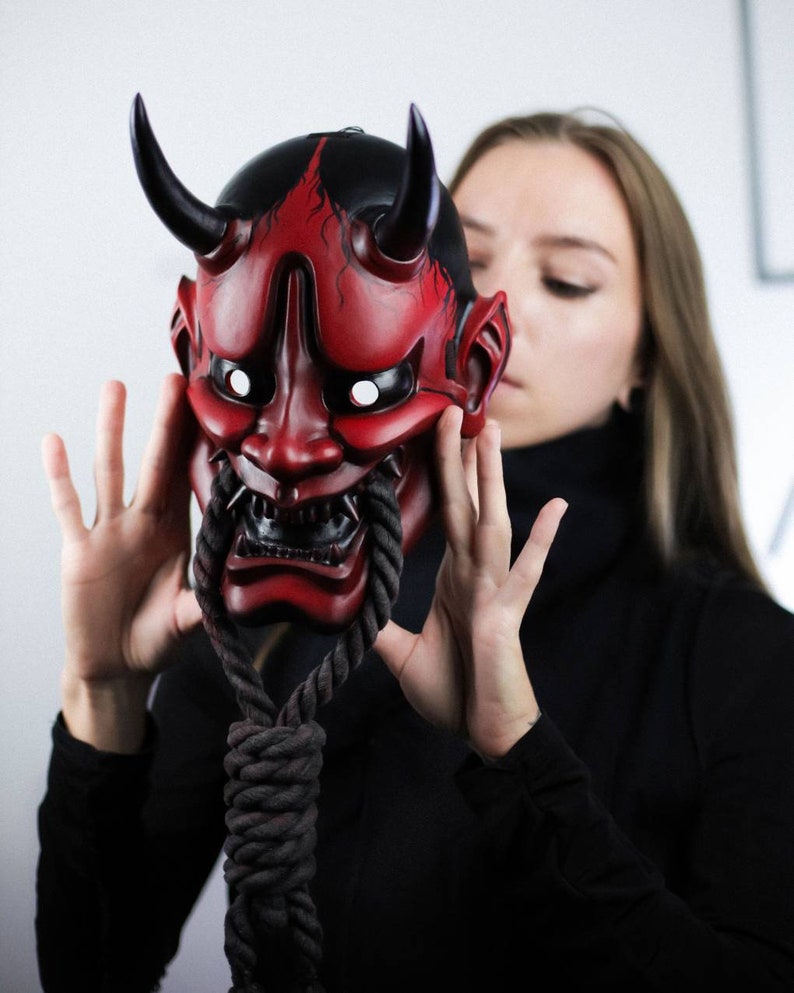 Handgjord japansk Hannah-mask för alla storlekar, helmask, väggdekor, Halloween RED Mask