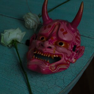 Hannya Mask Handcrafted Pink Japanese Oni Demon Wall Decor