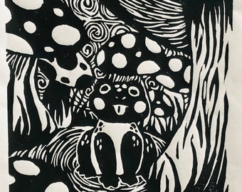 Toadstools - Hand-Pulled Frog Linocut Print