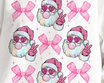 Coquette Christmas Png,Pink Bow Christmas Png,Pink Christmas Png,Pink Santa Png,Faux Glitter Santa Claus Blowing Pink Bubble Png Sublimation