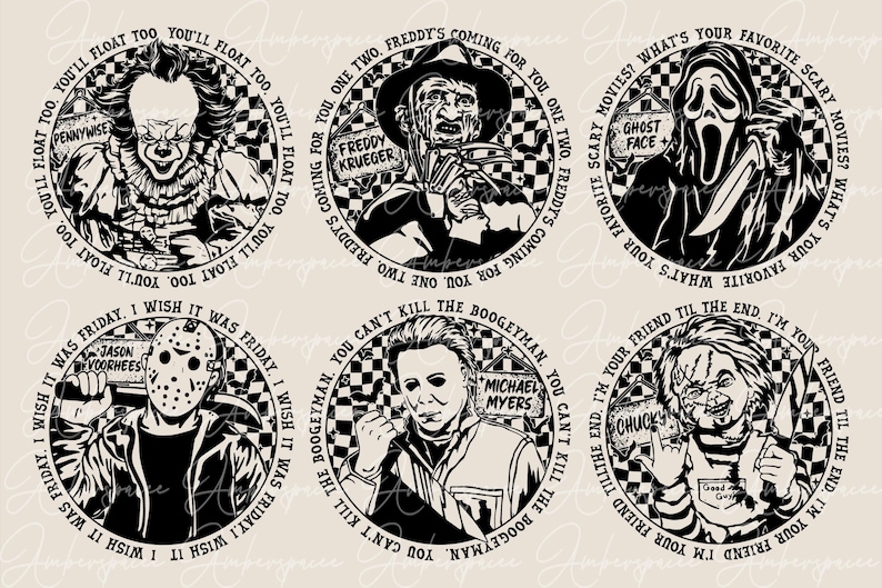 May include: Six black and white circular coasters featuring horror movie characters. The coasters feature the text "You'll float too" with Pennywise the clown, "Freddy's coming for you" with Freddy Krueger, "What's your favorite scary movies?" with Ghostface, "I wish it was Friday" with Jason Voorhees, "You can't kill the boogeyman" with Michael Myers, and "I'm your friend til the end" with Chucky.