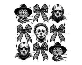 May include: Black and white illustration of horror movie characters, including Jason Voorhees and Michael Myers, with black lace bows.