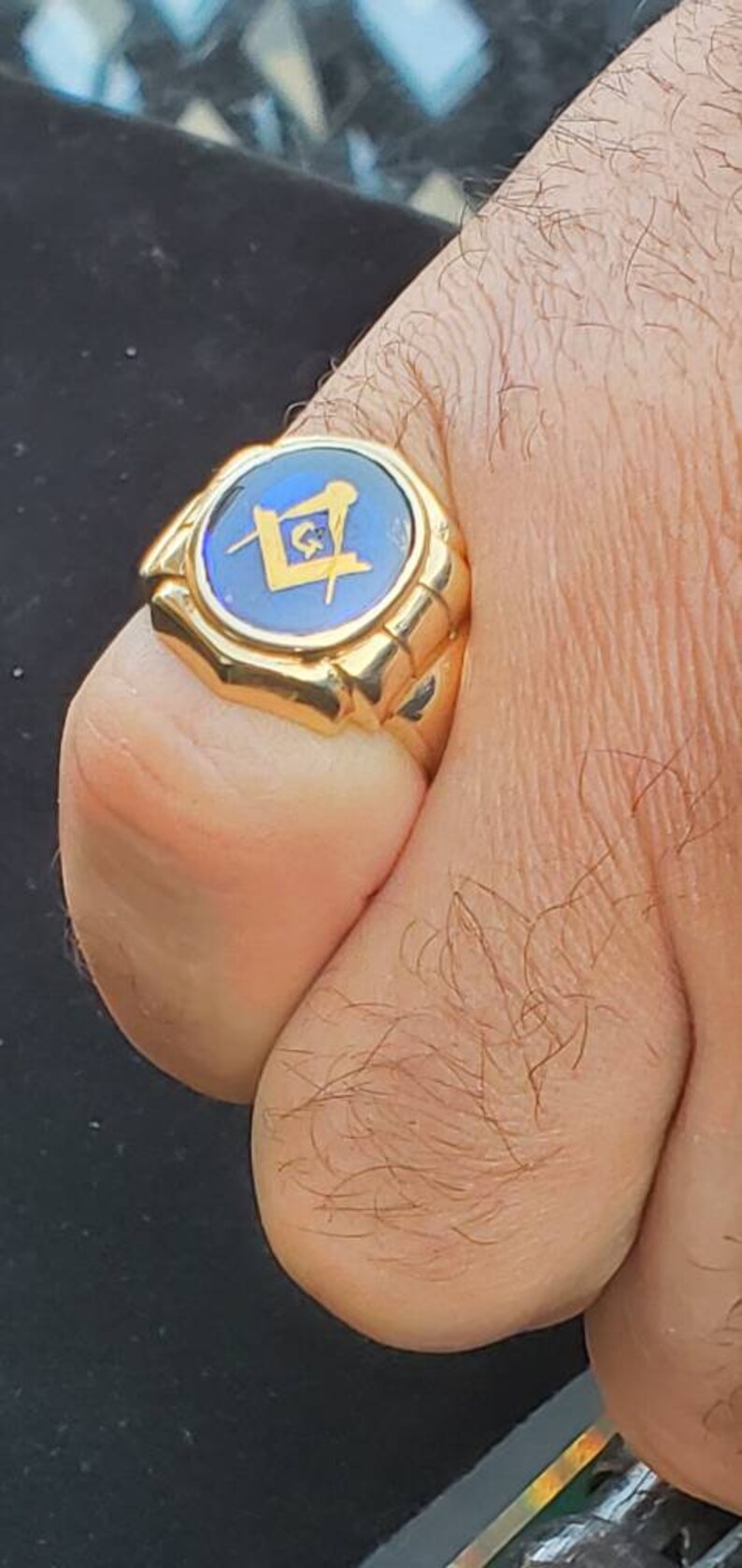 Men's 10k Yellow Gold Freemason Ring With Blue Stone - Square And Compass Symbol, Size 12.5