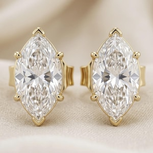 Moissanite Marquise Cut Stud Screw Back Minimalist Gold Plated Earring, Handmade Solitaire Jewelry, Elegent Cluster 925 Silver Earring Gift