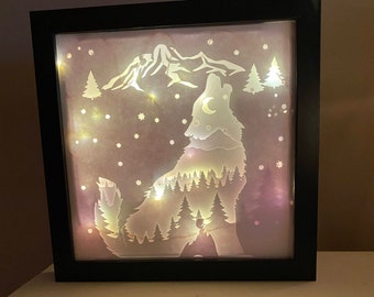 Wolf Lightbox 3D SVG | Layered Shadowbox Digital Download | Wolf Silhouette Wilderness Layered Paper Art | Gift for Boy or Gift for Girl