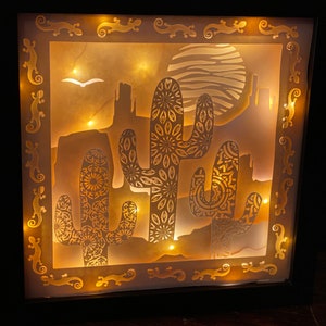 3D-papier Shadowbox-SVG | Digitale download zuidwestelijke mandala | Papierkunstproject woestijncactus lightbox