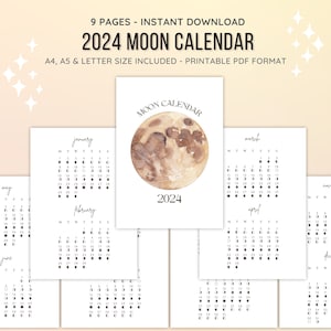 Può includere: Un calendario lunare 2024 stampabile in formato PDF. Il calendario presenta un'illustrazione ad acquerello di una luna piena e comprende 9 pagine con calendari mensili da gennaio a dicembre. Il calendario è disponibile nei formati A4, A5 e lettera.