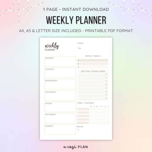 Weekly Planner Printable To Do List, Undated Weekly Schedule, Digital Template for iPad Goodnotes, A4 A5 US letter size, Instant Download