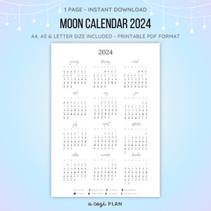 Pode incluir: Um calendário lunar imprimível de 2024 em preto e branco. O calendário mostra as fases da lua para cada dia do ano. O calendário é dividido em 12 meses, com cada mês exibido em uma grade separada. O calendário também inclui uma chave que explica as diferentes fases da lua.