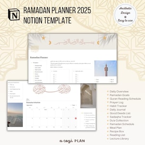 デジタルラマダンプランナー 2025 Notion テンプレート、ラマダン用の再利用可能なイスラムジャーナル、デジタルラマダンプランナー、サラートラッカー、コーラントラッカー
