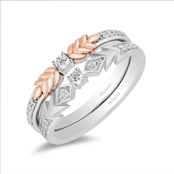 Enchanted Disney Fine Jewelry In Two-Tone Sterling Silver and 10K Rose Gold With 1.25 CTTW Diamond Elsa and Anna Duo Stack Ring