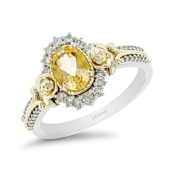 Enchanted Disney Belle Oval Yellow Citrine Engagement Rings in Two-Tone Silver Disney Cinderella Ring Disney Jasmine Ring Antique Halo Ring