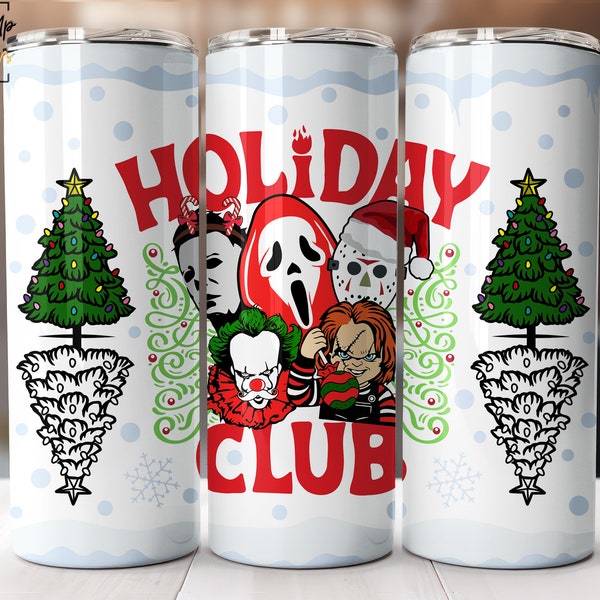 Christmas Holiday Club Horror Movies 20oz Skinny Tumbler Sublimation Designs for Straight and Tapered PNG File Digital Download