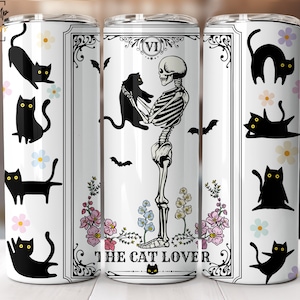 L'amoureux des chats carte de tarot emballage gobelet, amoureux des chats noirs, squelette drôle 20 oz gobelet maigre dessins en sublimation fichier PNG en téléchargement numérique