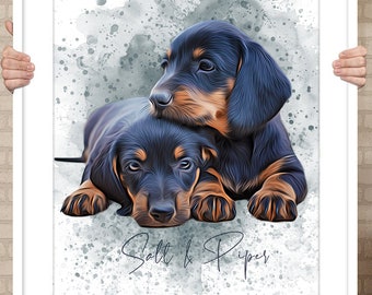 以下が含まれることがあります： 2匹のダックスフントの子犬が描かれた額入りのアートプリント。子犬は黒と茶色の毛並みで、1匹がもう1匹の頭に寄り添っています。背景は水彩画風で、「Salt & Piper」という名前が筆記体で書かれています。