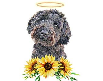 Pode incluir: Um cão preto e cinza com uma auréola acima de sua cabeça, cercado por girassóis amarelos. O cão está olhando para cima com uma expressão triste.
