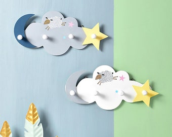 Wall Hooks Board w/ Cloud, Moon, & Star Design - Decorative Wall Hanger for Kids Room | Functional Baby Shower Gift for Child’s Bedroom