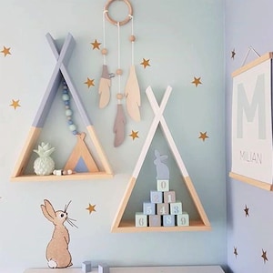 Teepee Style Triangle Shelves - Minimalist Storage Rack Decor w/ Tipi Design for Kids Room | Nursery Wall Decoration Gifts for Baby Showers
