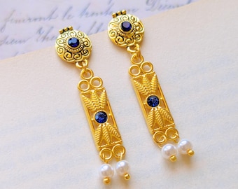 AURELIA, Ancient Artefact Inspired Blue Crystal, Glass Pearl & Antique Gold Stud Drop Earrings, A bit of Bygone Glamour, Roman, Persian
